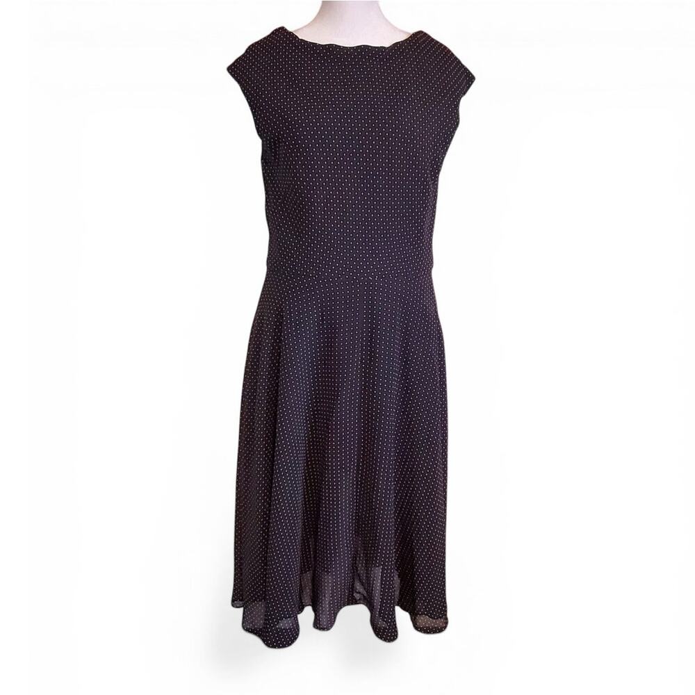 Vintage 90s Y2K Black White Polka Dot Sleeveless A Line Midi Dress Size 14